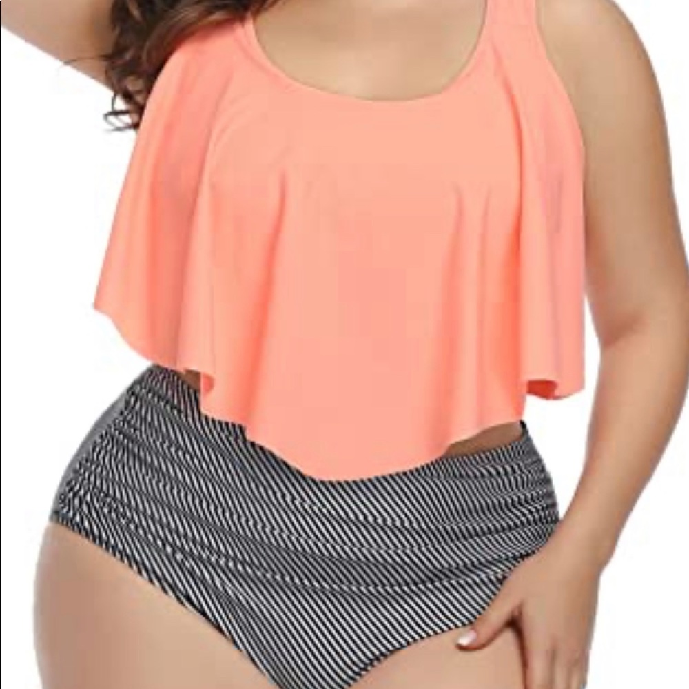 Ruffle Trim Plus Size Tankini Set LIGHT CORAL 2X
